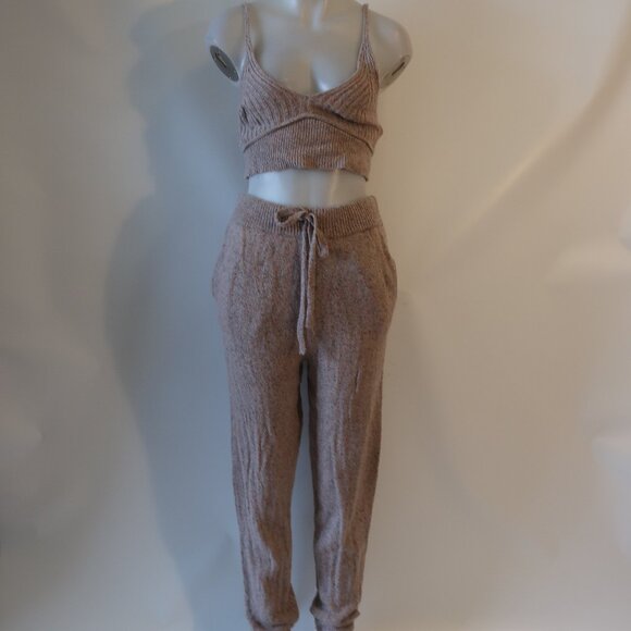 Womens 2PC The Bright Side Tan Speckled Knit Bralette Crop Tank & Jogger Pant S - Picture 1 of 14